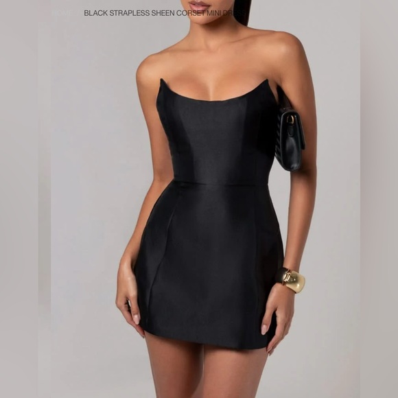 Heiress BLACK STRAPLESS SHEEN CORSET MINI DRESS sexy dark feminine glamour SMALL - Picture 2 of 14